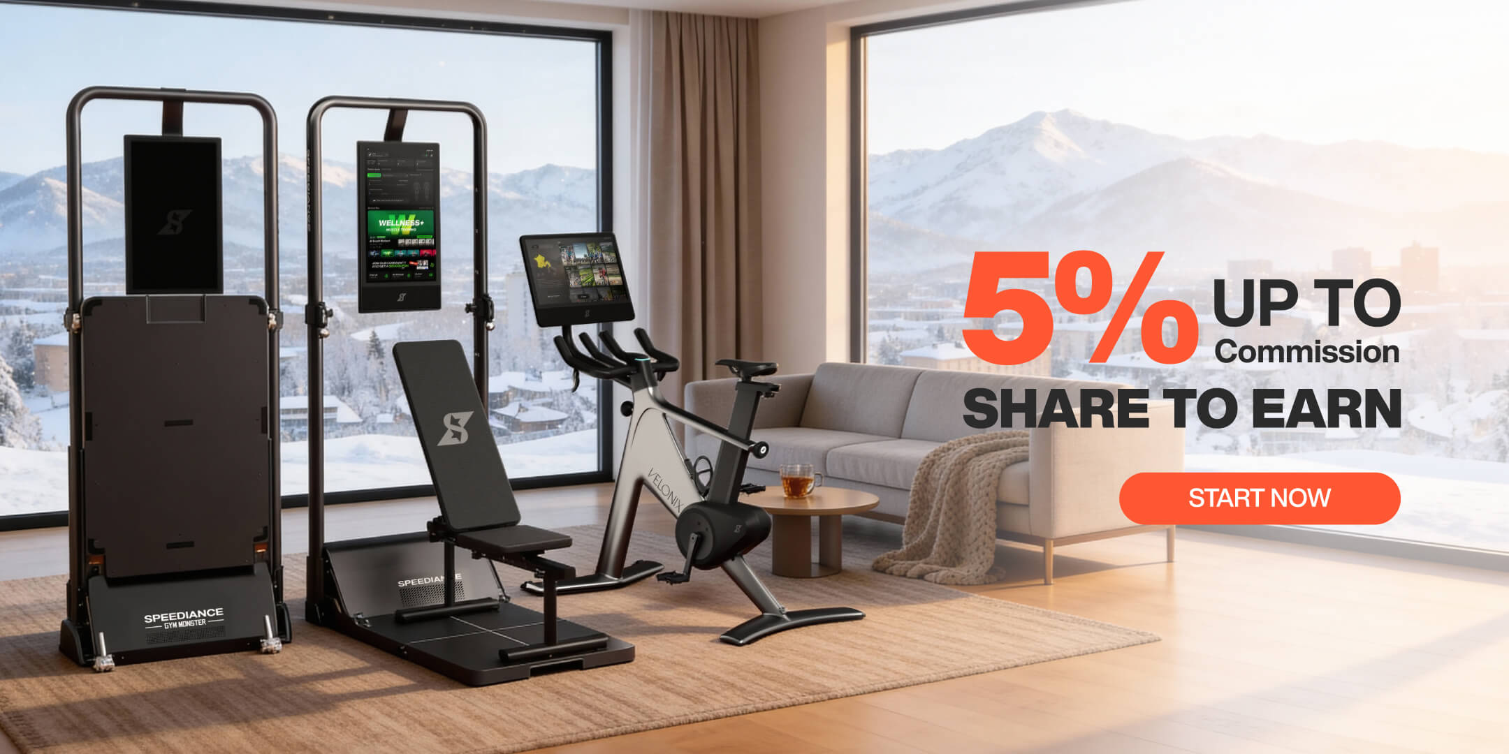 Gym equipment in a room with large windows showing mountains, promotional text for a commission offer.
