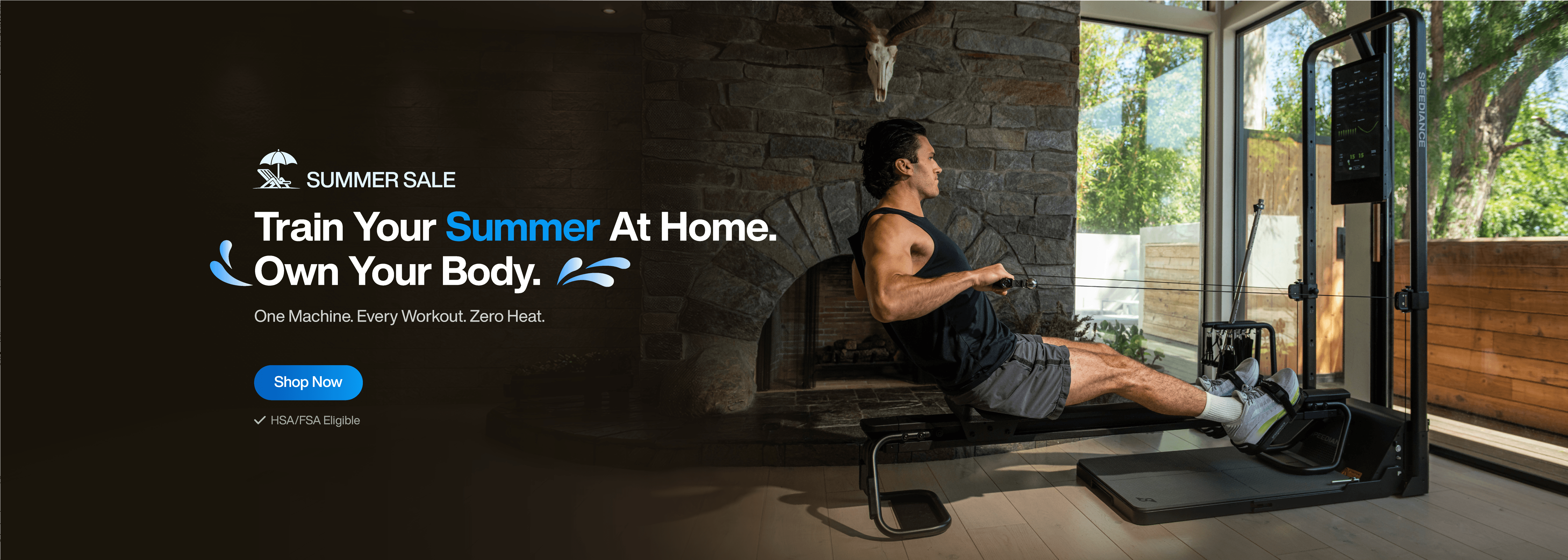 A man using a home gym cable pulley machine in a stone-walled room with large windows, next to promotional text for a summer sale.