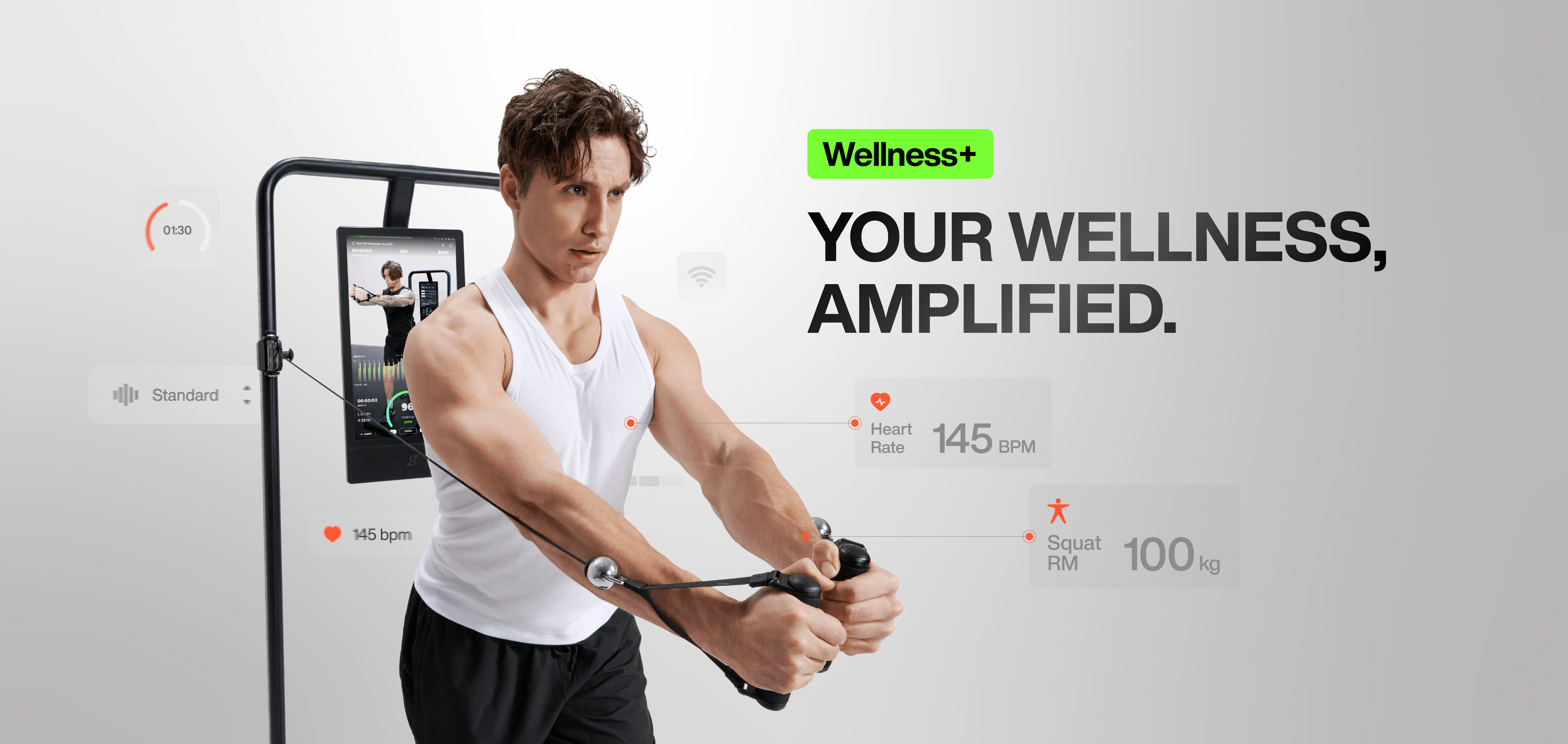 Man exercising with fitness equipment, featuring 'Wellness+' branding on a gray background.