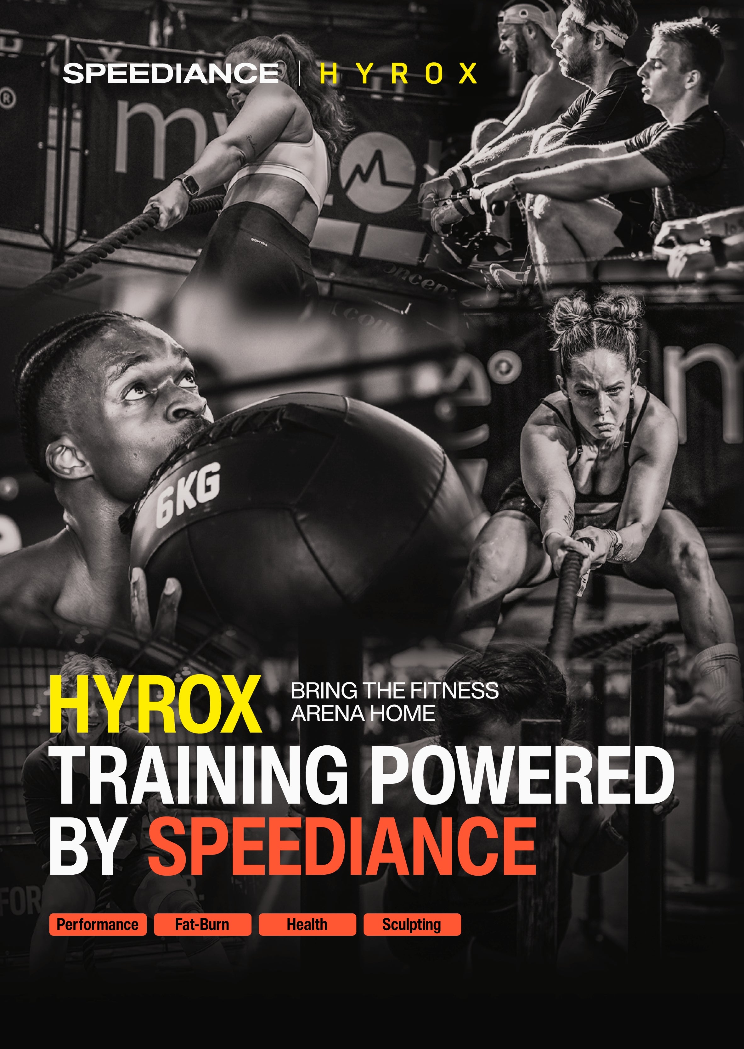 Advertisement for HYROX training powered by Speediance with people exercising.