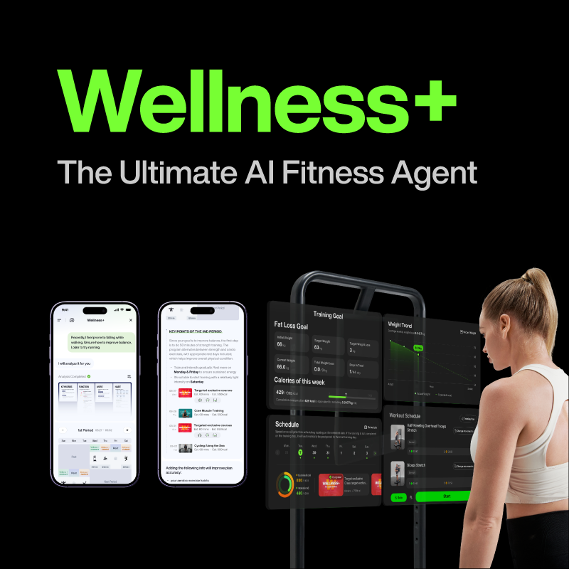 Advertisement for Wellness+, an AI fitness agent, with smartphone app interfaces and a woman exercising.