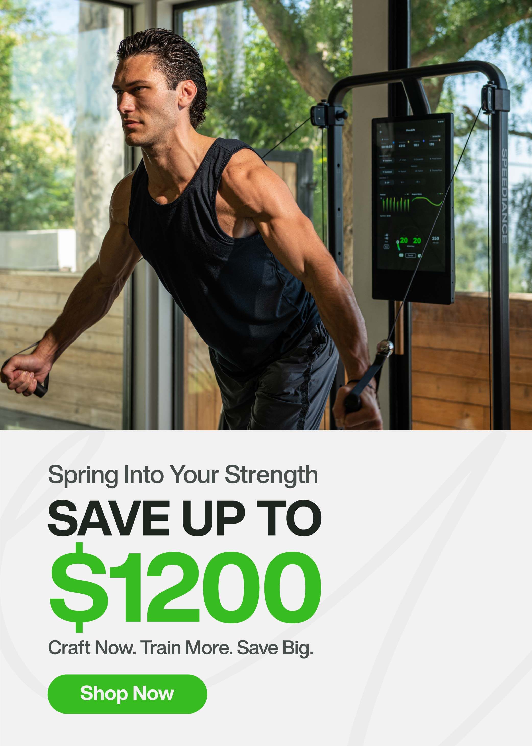 Man exercising on a fitness machine with promotional text overlay