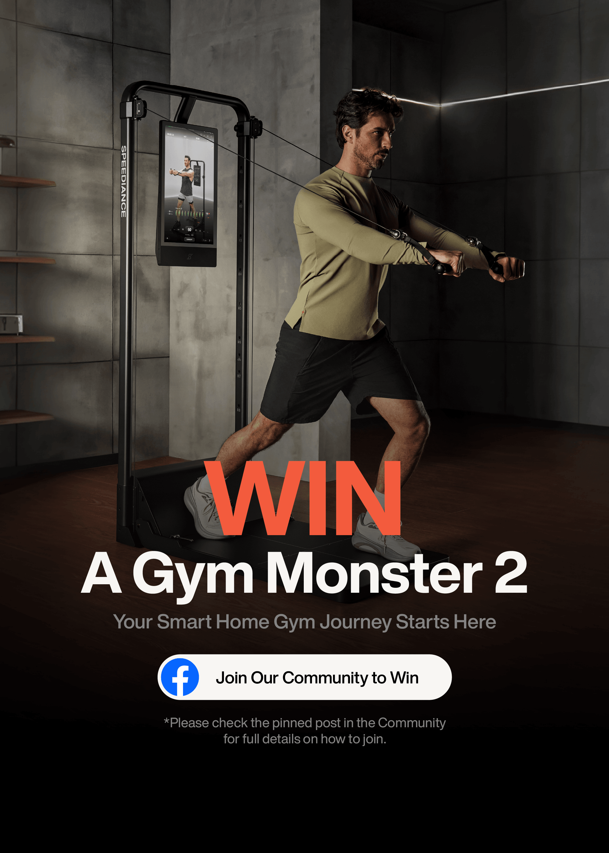 Person using a smart home gym device with promotional text overlay.