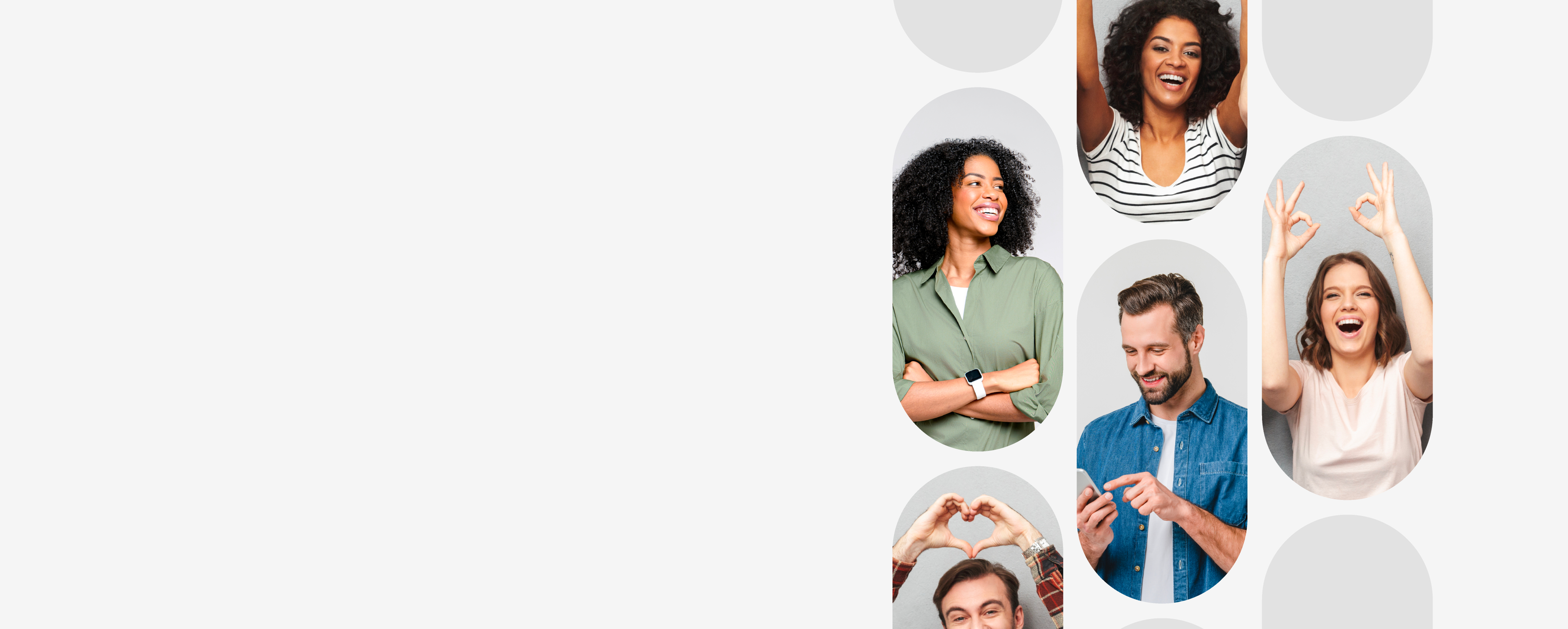 Collage of people in various poses on a white background