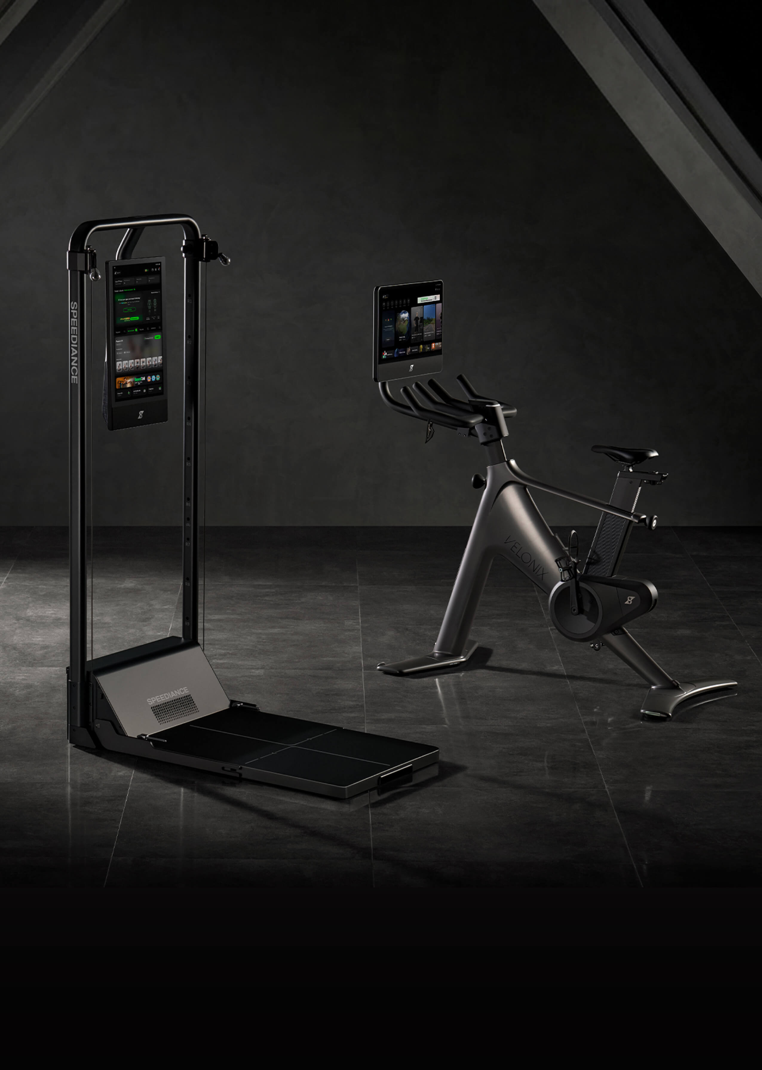 Modern indoor cycling bike with digital display in a dark room