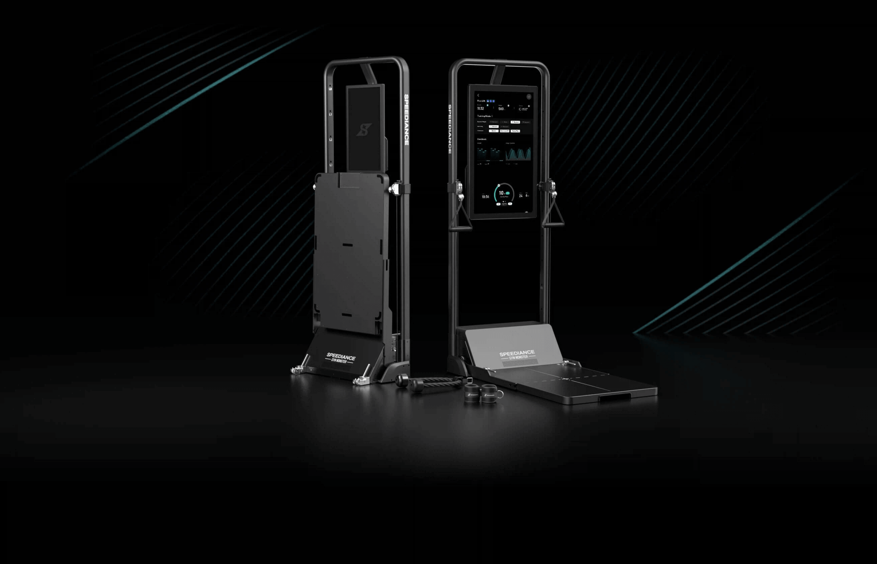 Two electronic devices on stands with a dark background