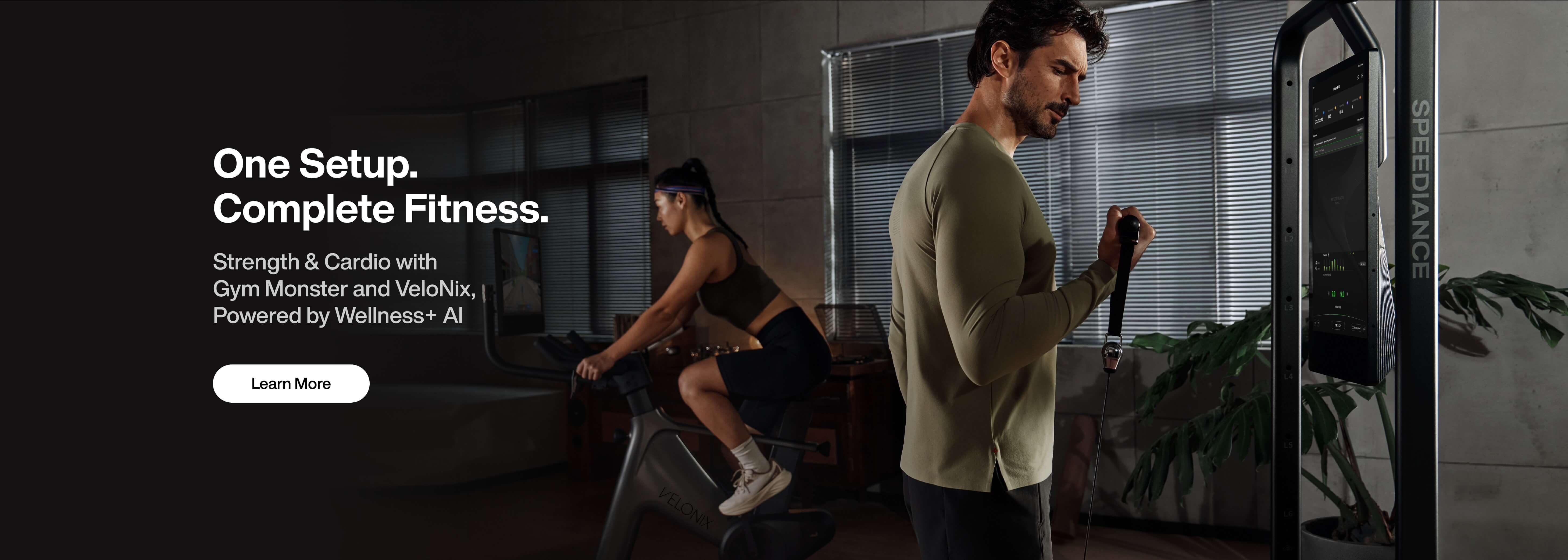 Two people exercising with fitness equipment in a home setting, promoting a complete fitness setup.