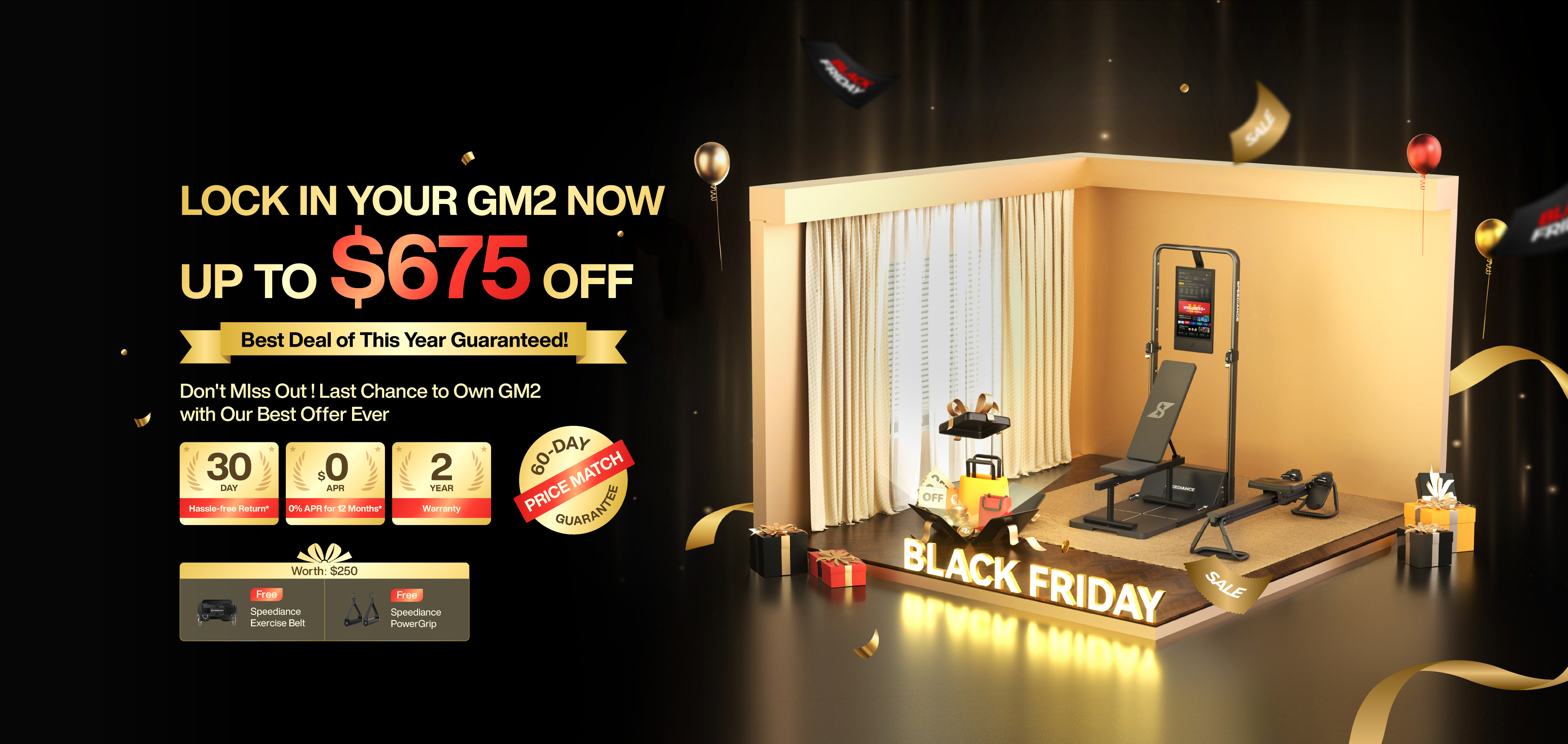 Advertisement for a fitness equipment deal with a gym setup on a black background