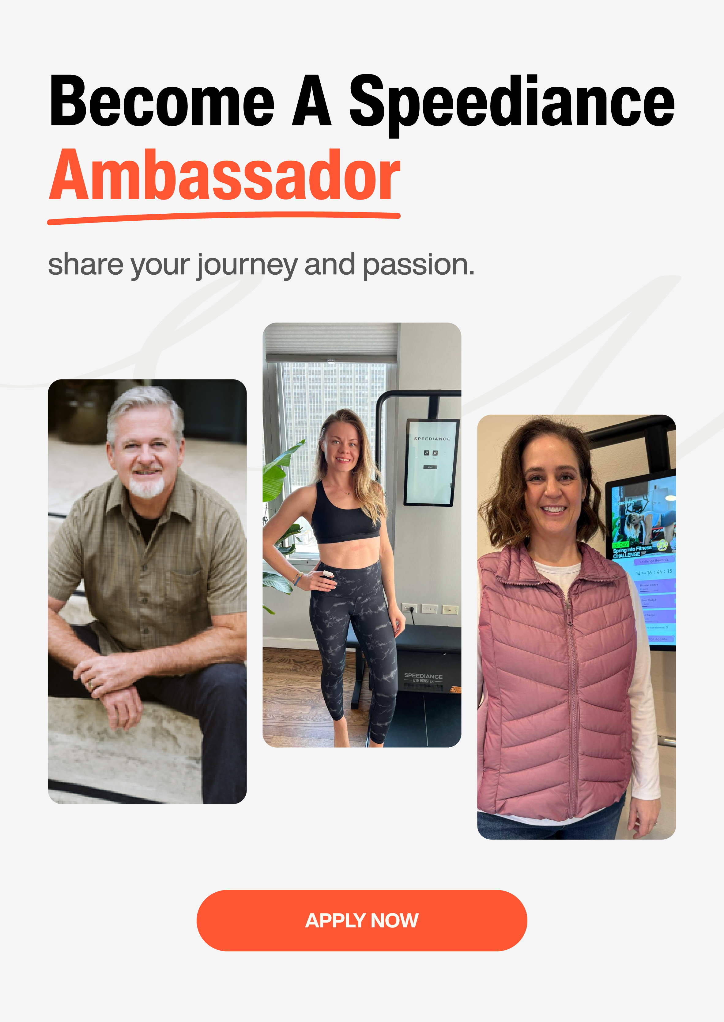 Promotional graphic for becoming a Speediance Ambassador with three people and an 'Apply Now' button.