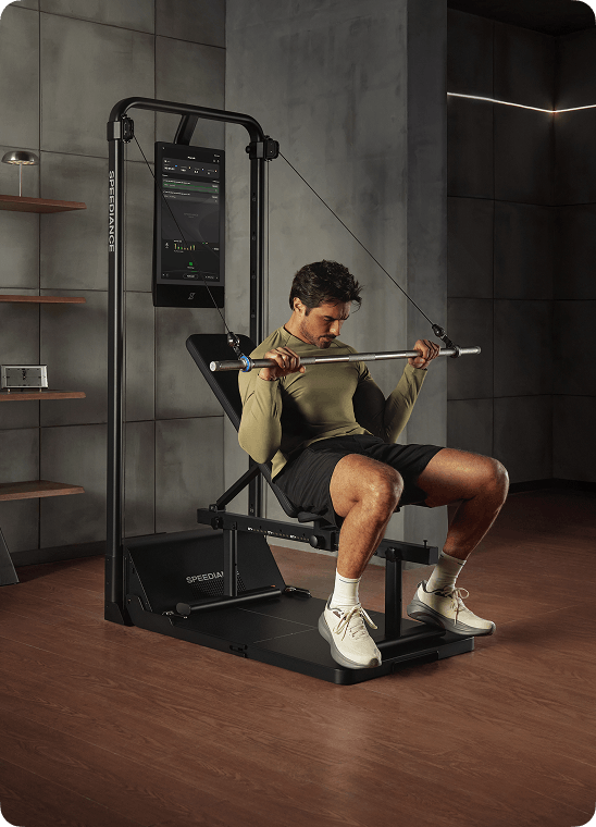Man using a cable machine in a home gym setting