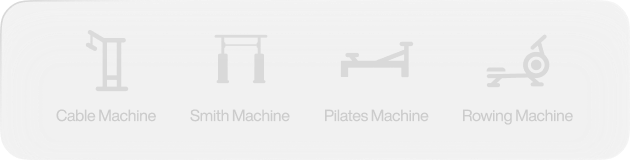 Icons of cable machine, Smith machine, plates machine, and rowing machine on a white background.