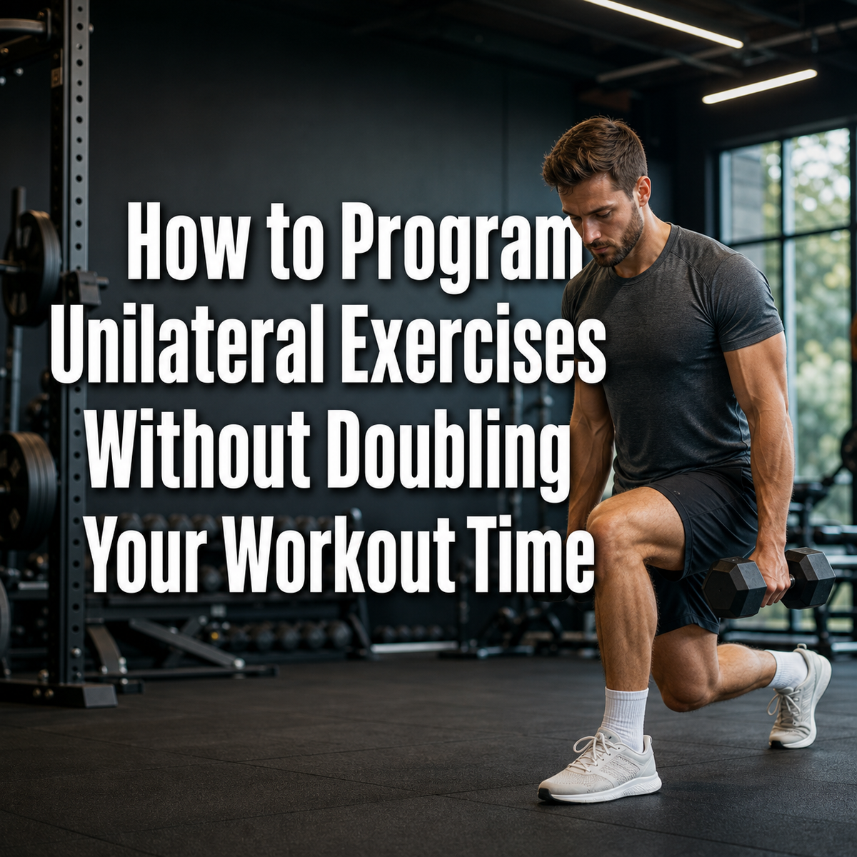 Man doing dumbbell lunge, illustrating efficient unilateral exercise programming for workouts.