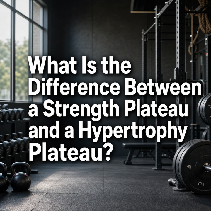 Dark gym interior with weights and text explaining strength and hypertrophy plateaus.