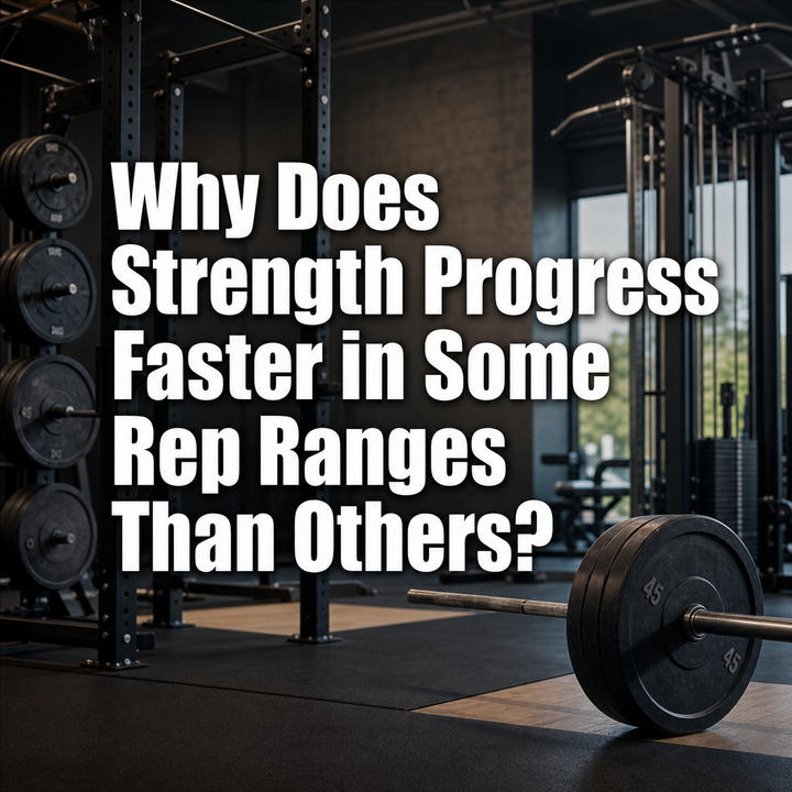 Gym with barbell, weights, and text about strength progress in different rep ranges.