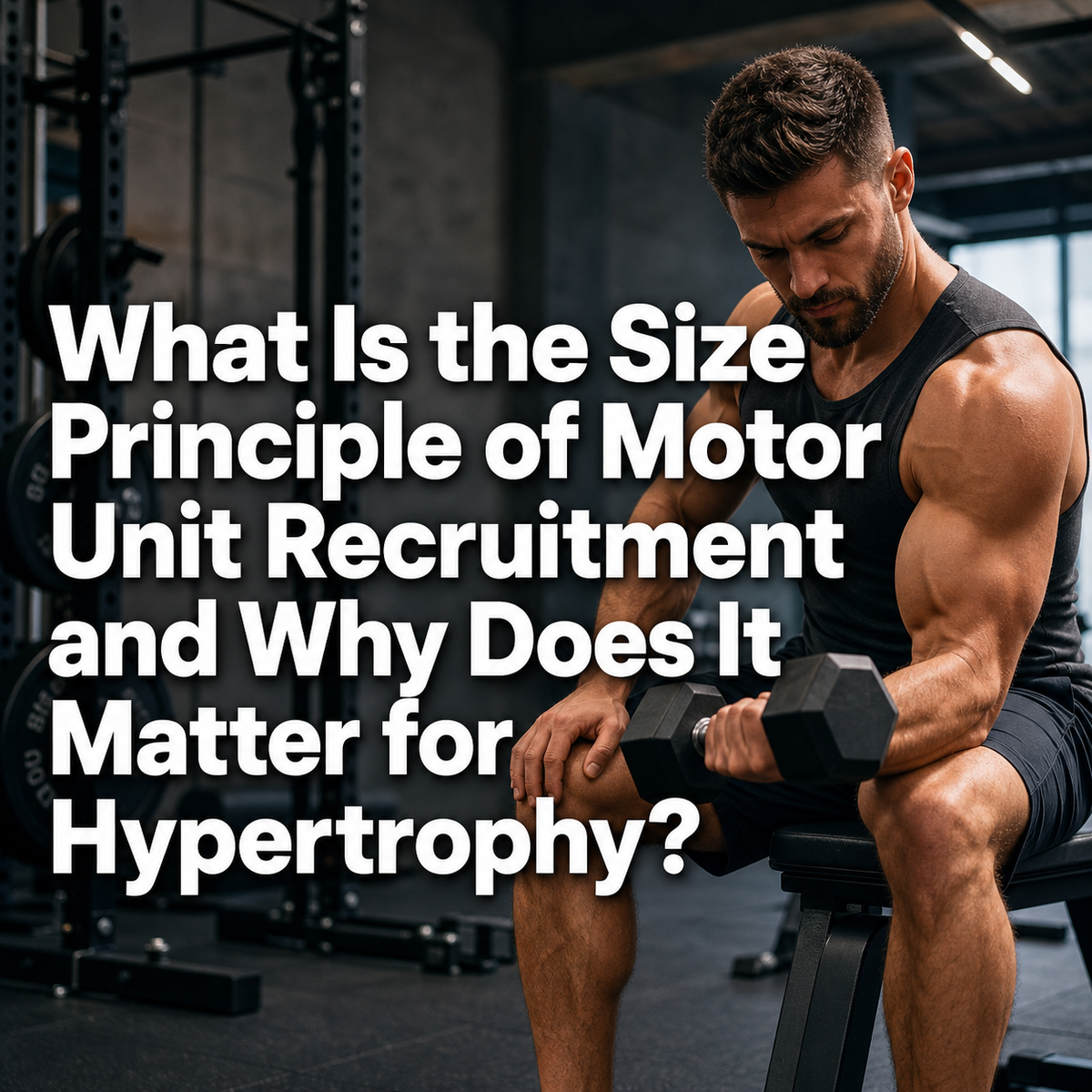 Muscular man doing dumbbell curl in gym for hypertrophy and muscle recruitment.