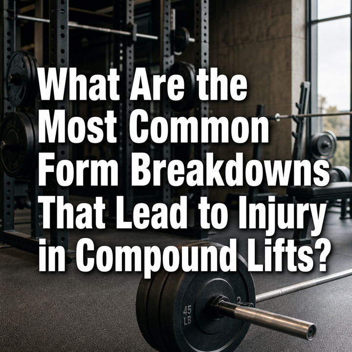 Barbell with 45lb plates near a squat rack in a gym, illustrating compound lift form breakdowns and injury risk.
