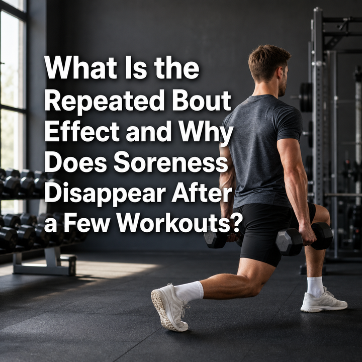 Man doing dumbbell lunges in gym. Illustrates the Repeated Bout Effect & reducing workout soreness.