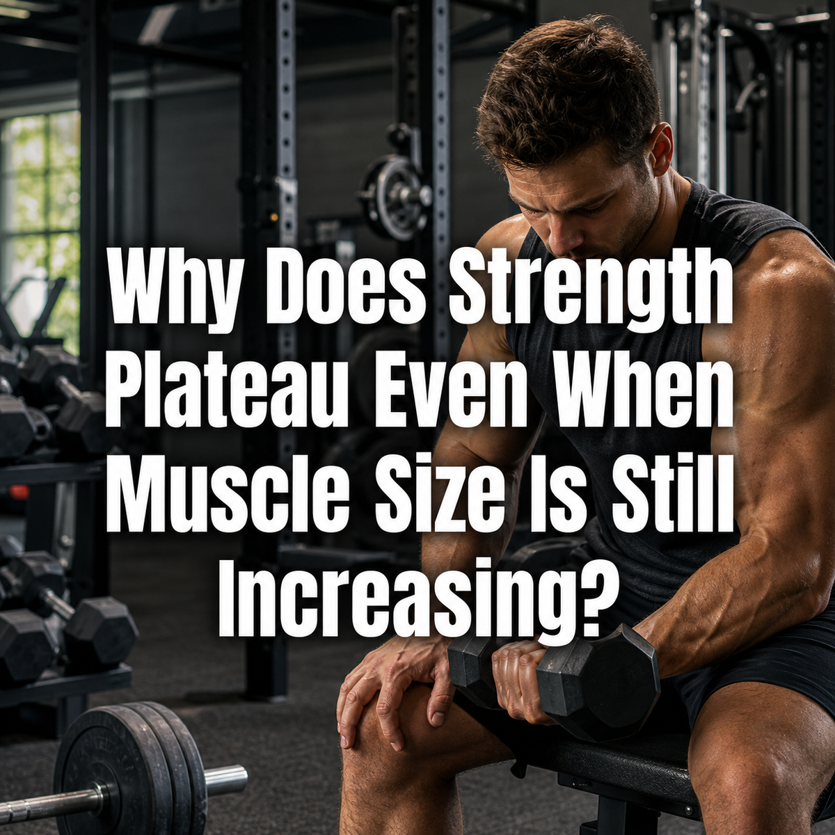 Muscular man in gym holding dumbbell, contemplating strength plateau and muscle growth.