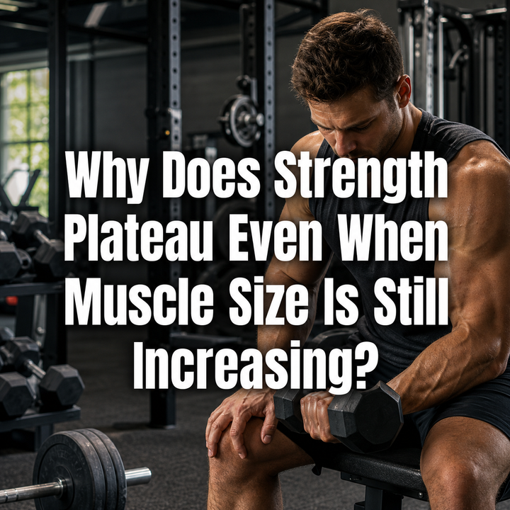 Muscular man in gym holding dumbbell, contemplating strength plateau and muscle growth.