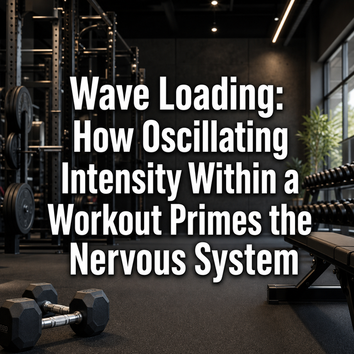 Wave loading workout intensity text in a modern gym with dumbbells and equipment.