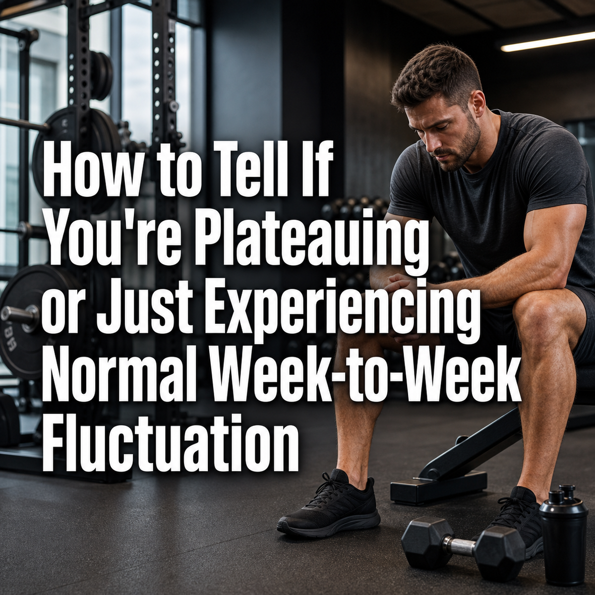 Thoughtful man in gym, dumbbell nearby, considering workout plateau or performance fluctuation.