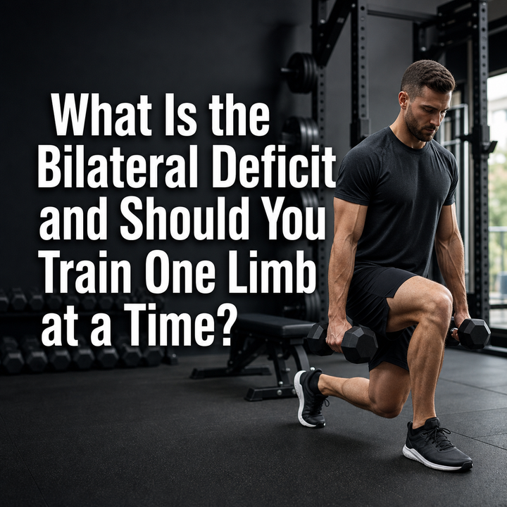 Man doing single-limb dumbbell lunges in gym, addressing bilateral deficit training.