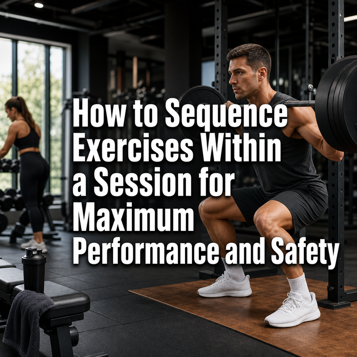 Man performing a barbell back squat in gym for optimal exercise sequence and workout performance.
