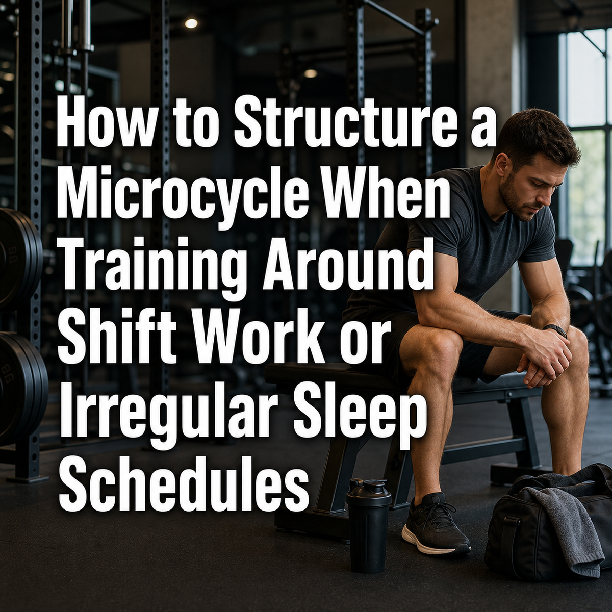 Tired man in gym, microcycle training for shift work and irregular sleep schedules.