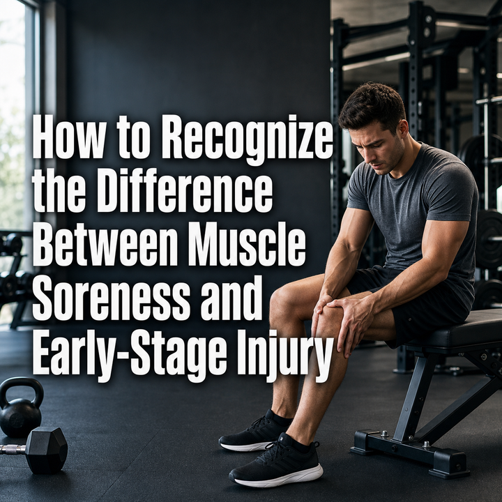 Man in gym with knee pain, distinguishing muscle soreness from early injury.