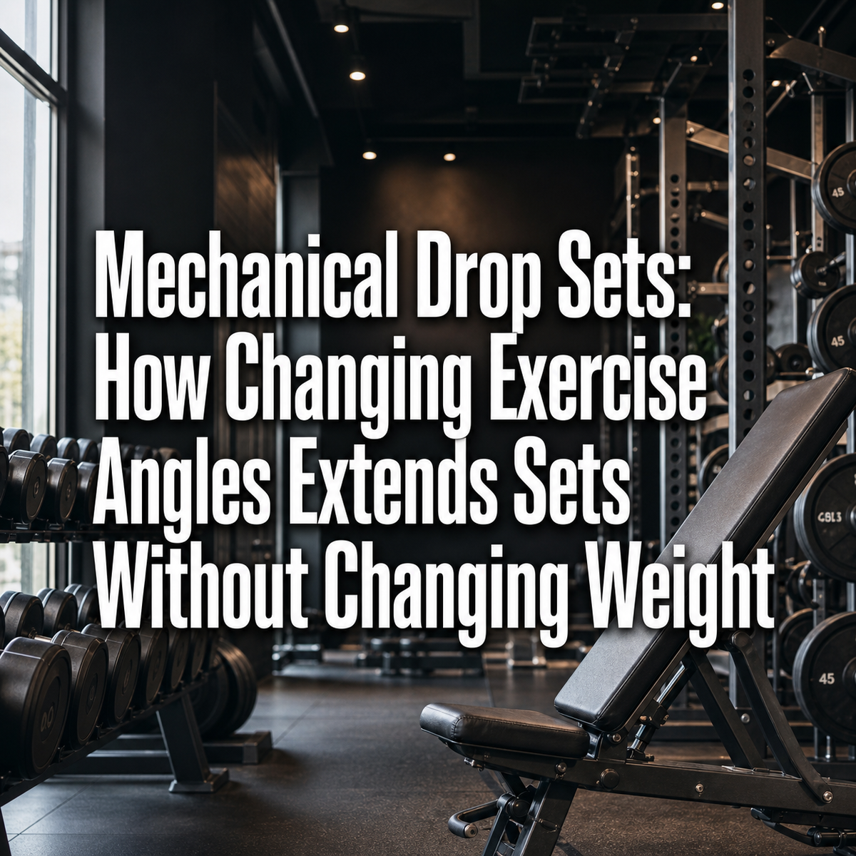Dumbbells and adjustable bench in a gym for Mechanical Drop Sets, using exercise angles.