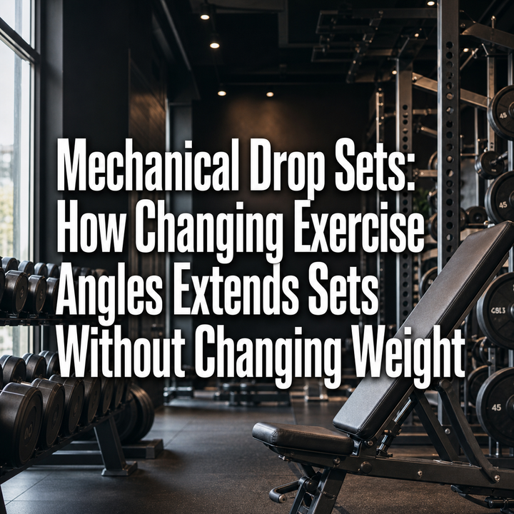 Dumbbells and adjustable bench in a gym for Mechanical Drop Sets, using exercise angles.