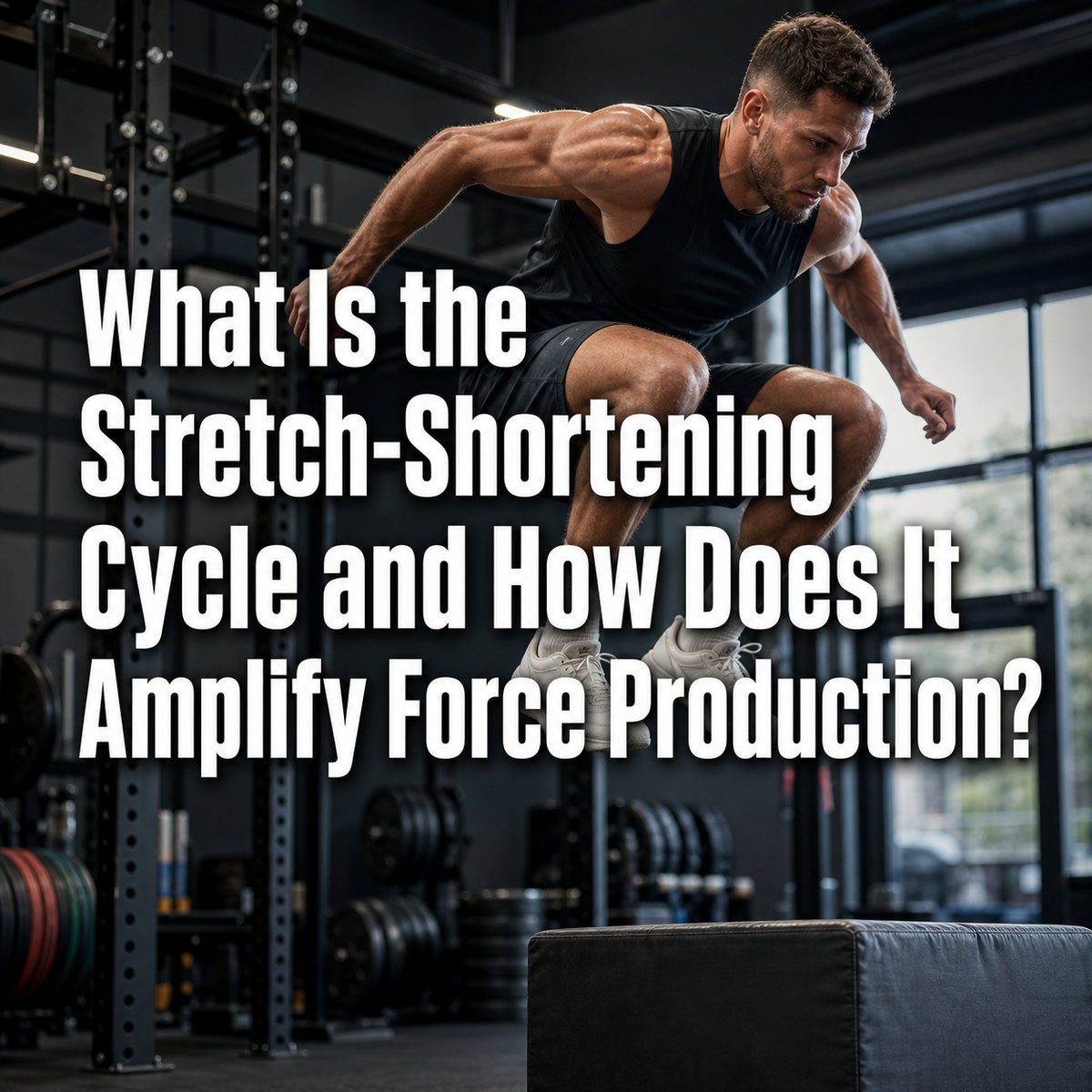 Athlete performing a box jump, illustrating the stretch-shortening cycle for explosive force production.