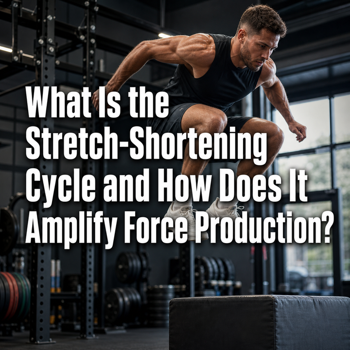 Athlete performing a box jump, illustrating the stretch-shortening cycle for explosive force production.