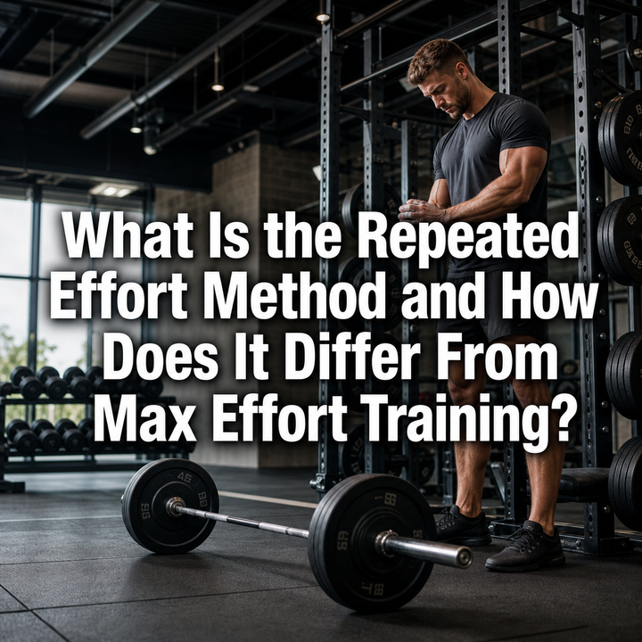 Man in gym with barbell, strength training for repeated or max effort.