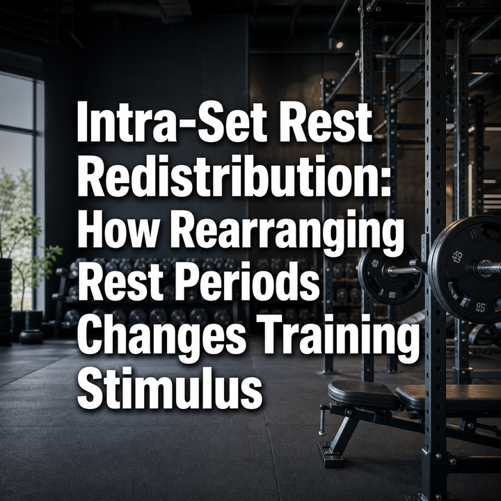 Text: 'Intra-Set Rest Redistribution: How Rearranging Rest Periods Changes Training Stimulus' in a gym setting.