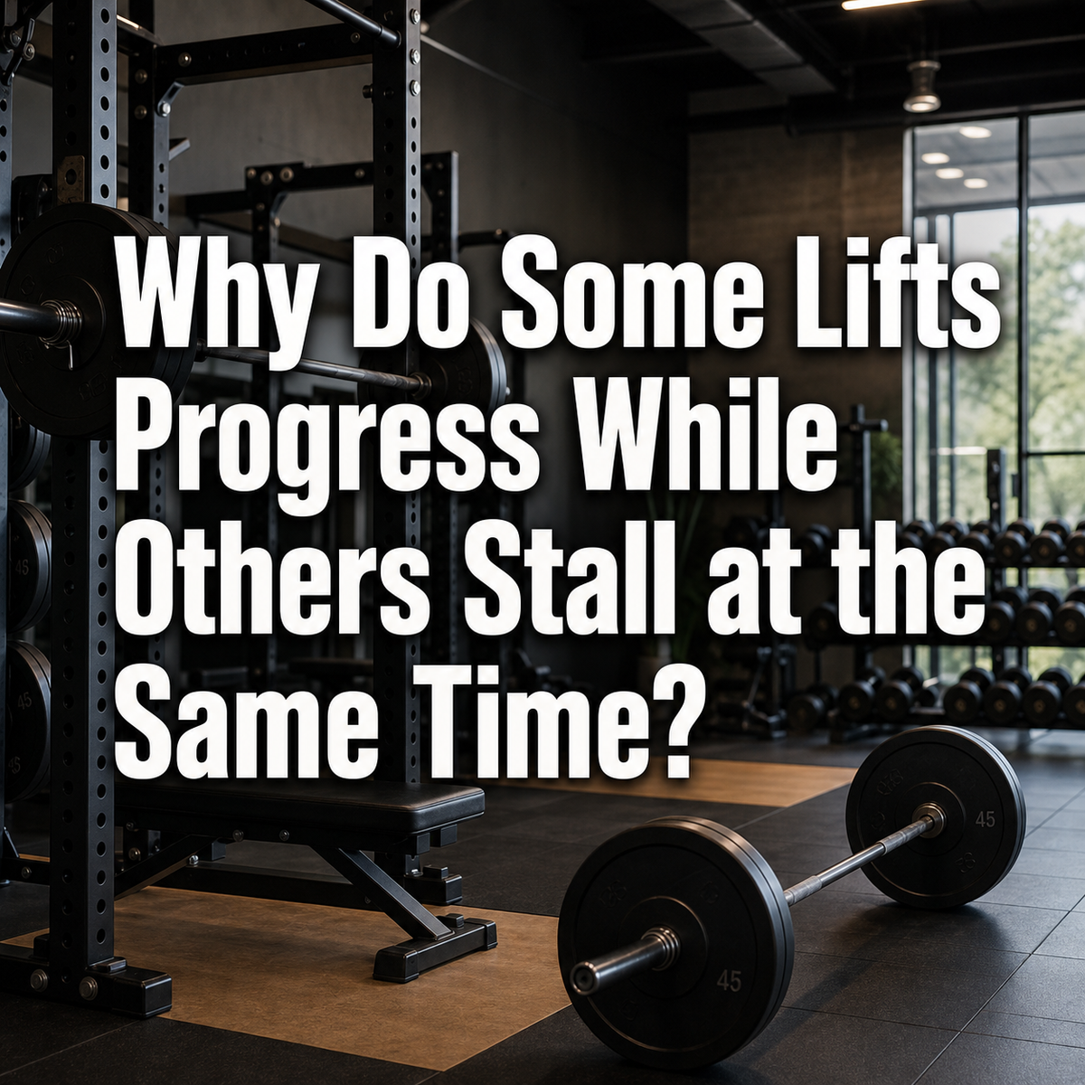 Gym with barbell, rack, and bench. Why some lifts progress while others stall during training.