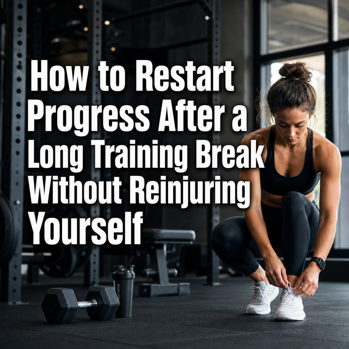 Woman tying shoelace in gym, preparing for safe workout after a long training break.