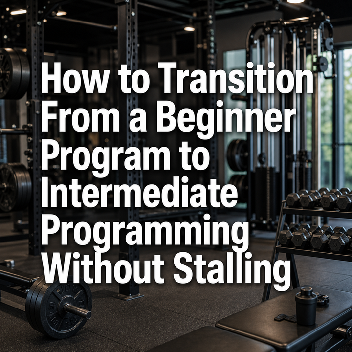 Headline: How to Transition From Beginner to Intermediate Programming Without Stalling, over a gym background.
