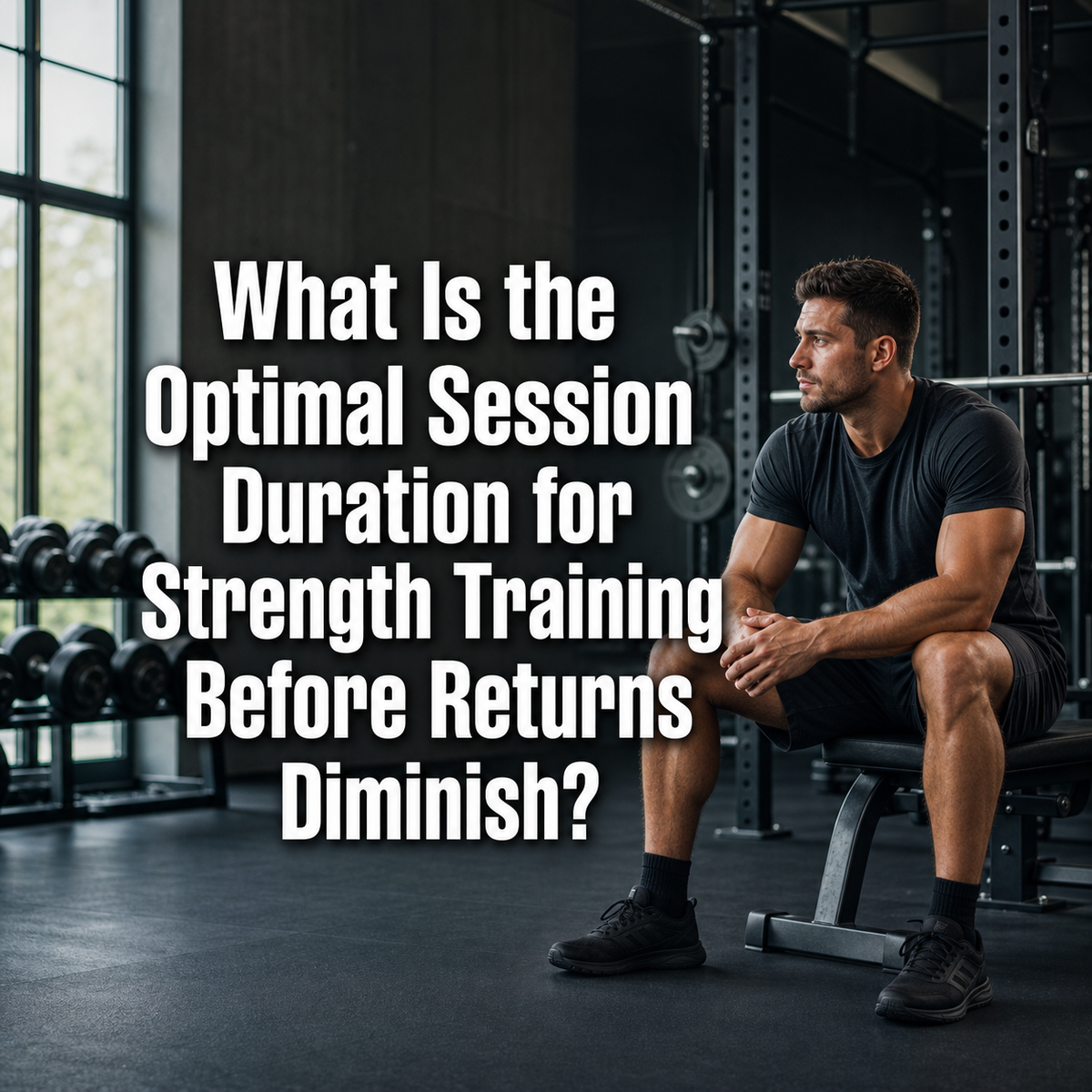 Muscular man on gym bench, focused on optimal strength training session length.