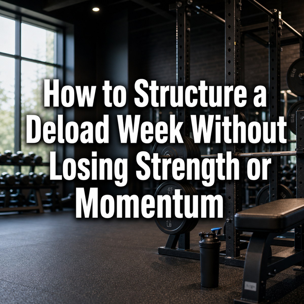 Gym with power rack, weights, bench; text reads 'How to Structure a Deload Week Without Losing Strength or Momentum'.