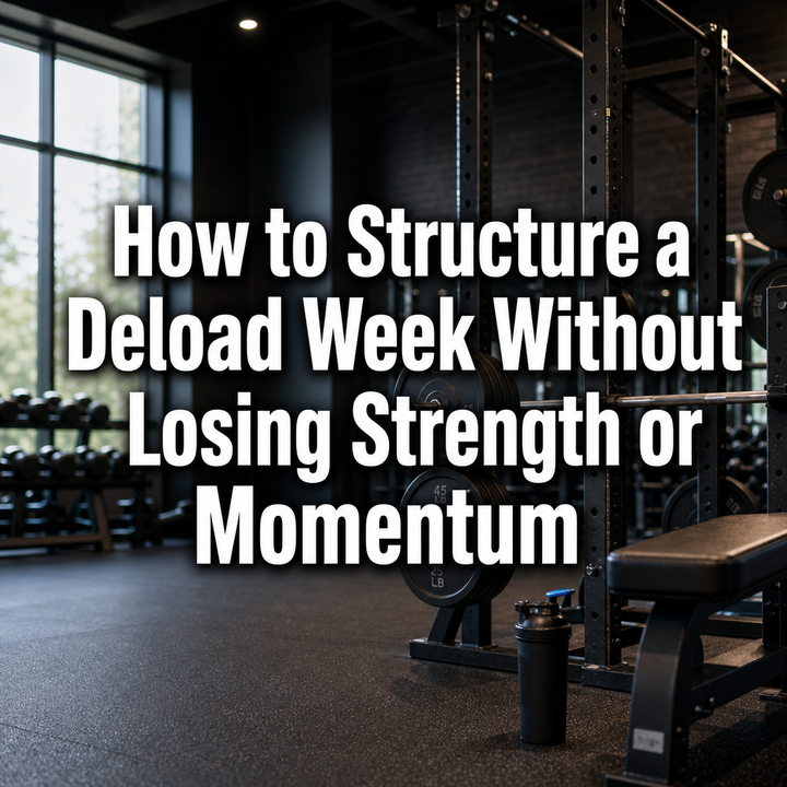 Gym with power rack, weights, bench; text reads 'How to Structure a Deload Week Without Losing Strength or Momentum'.