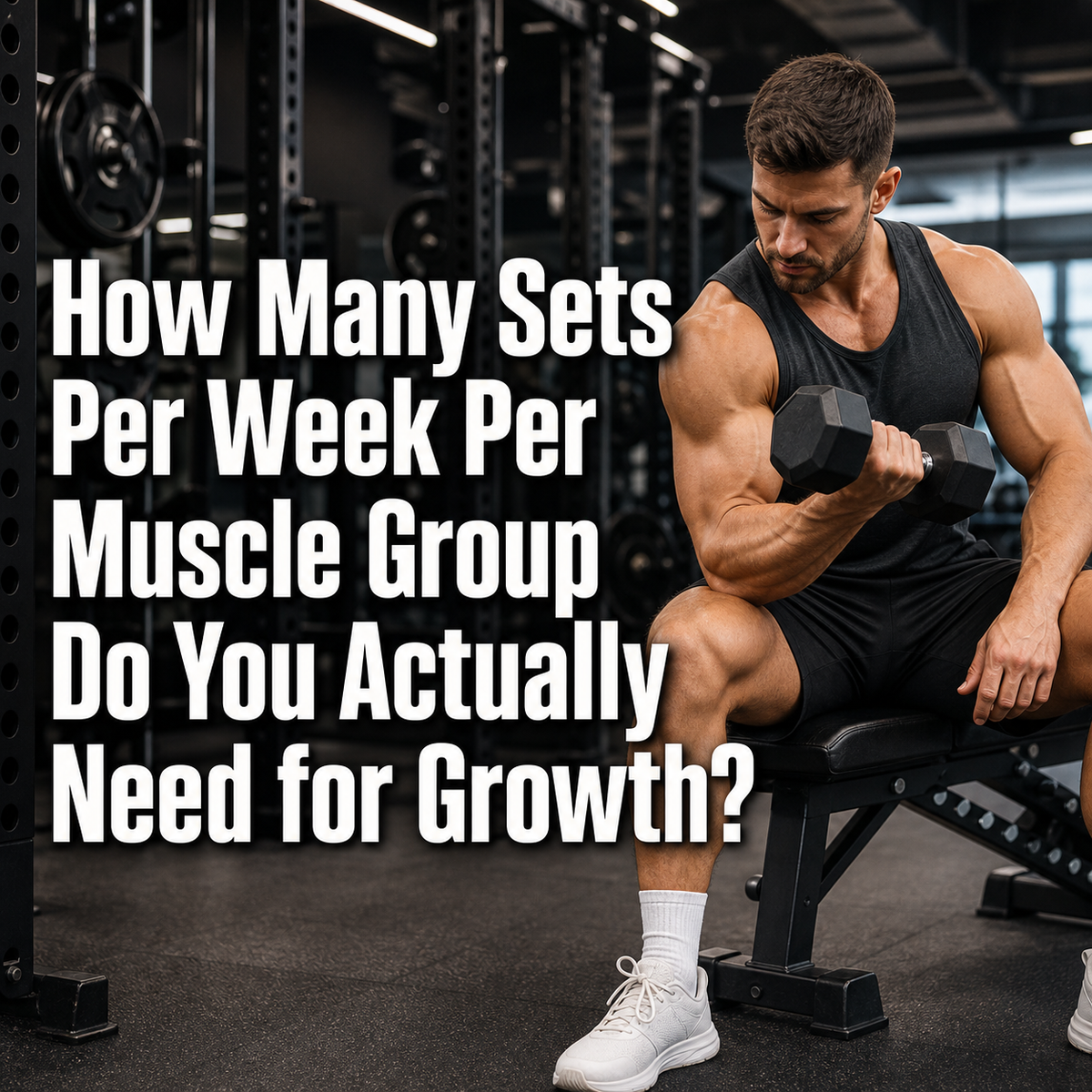 Muscular man doing dumbbell curl, with text: 'How Many Sets Per Week Per Muscle Group Do You Actually Need for Growth?
