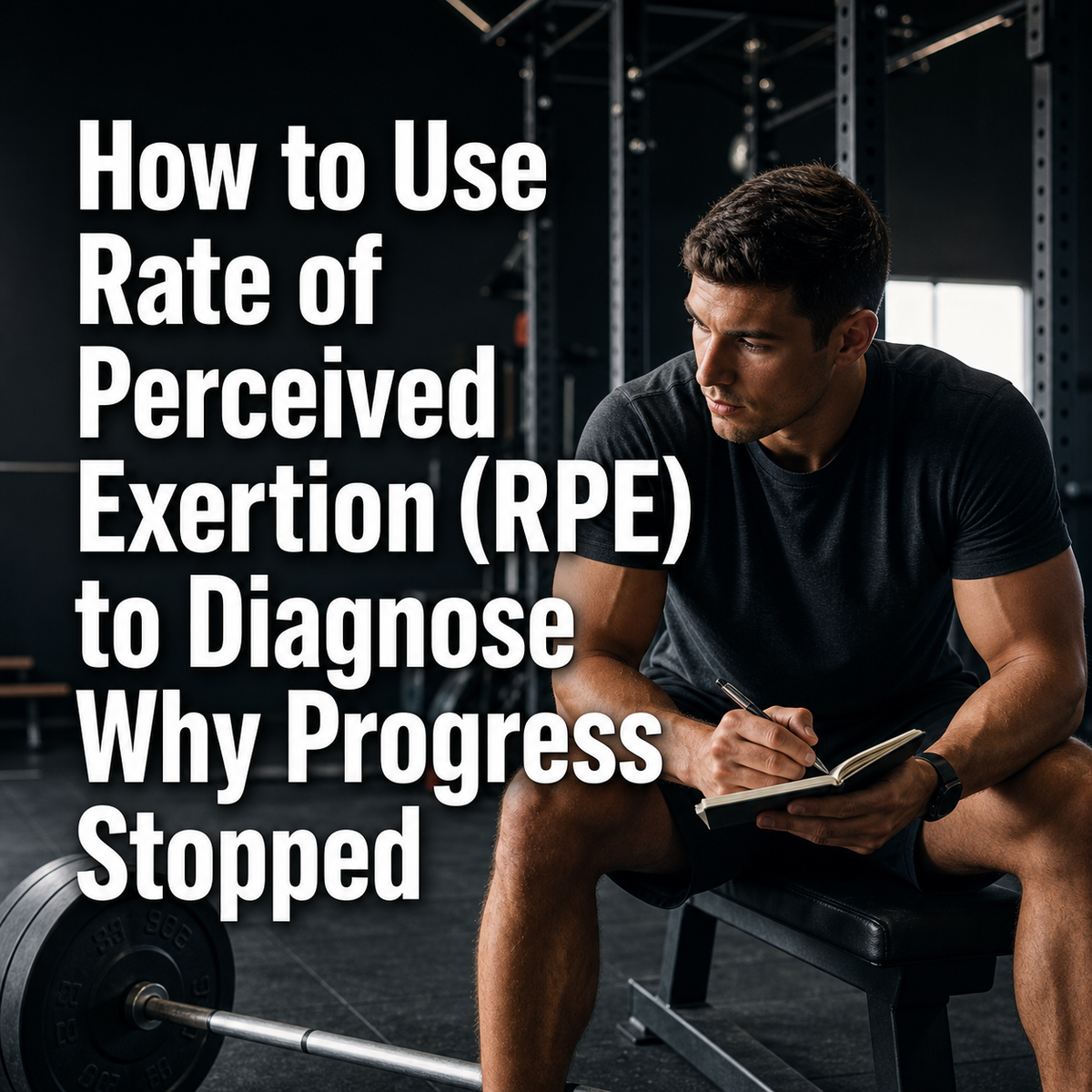 Man in gym records RPE in a logbook to diagnose training progress issues.