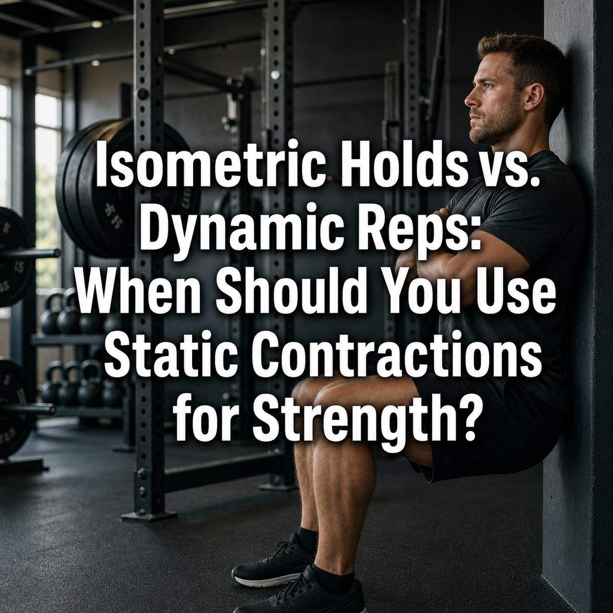 Man performing isometric wall sit in gym, illustrating static contractions for strength training.