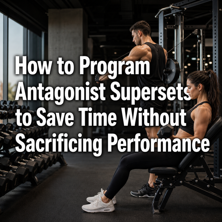 Man on cables, woman with dumbbell, performing antagonist superset training in a gym.