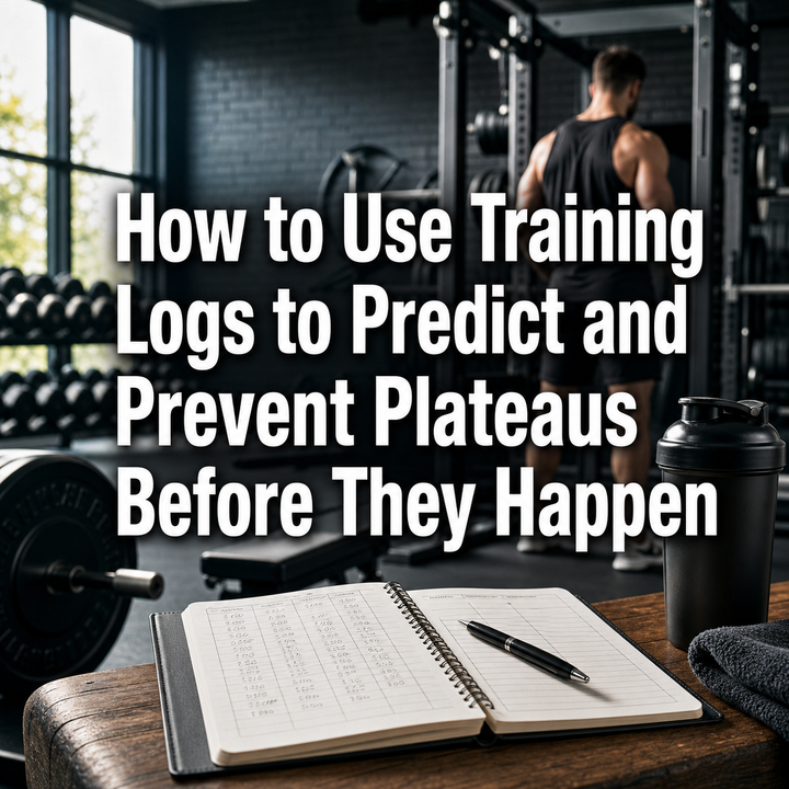 Open training log and pen on a gym bench with a man working out. Tracking progress to prevent plateaus.