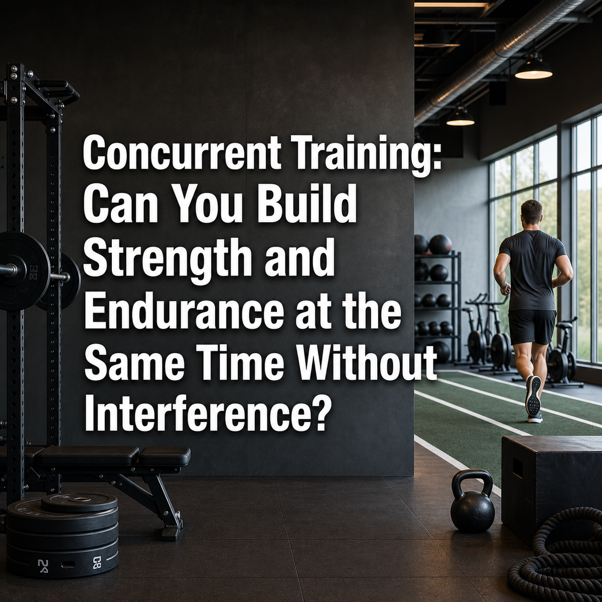 Gym showing strength training weights and a man running for endurance, illustrating concurrent training.