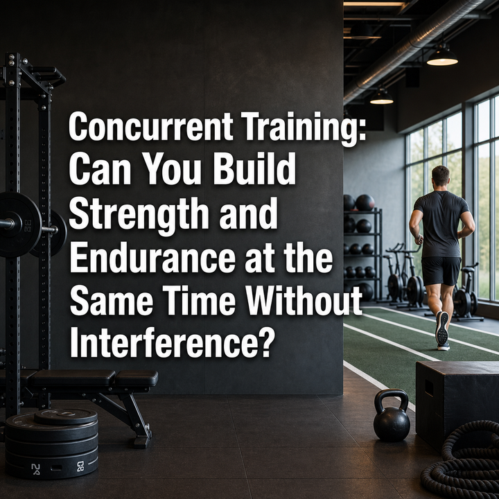 Gym showing strength training weights and a man running for endurance, illustrating concurrent training.