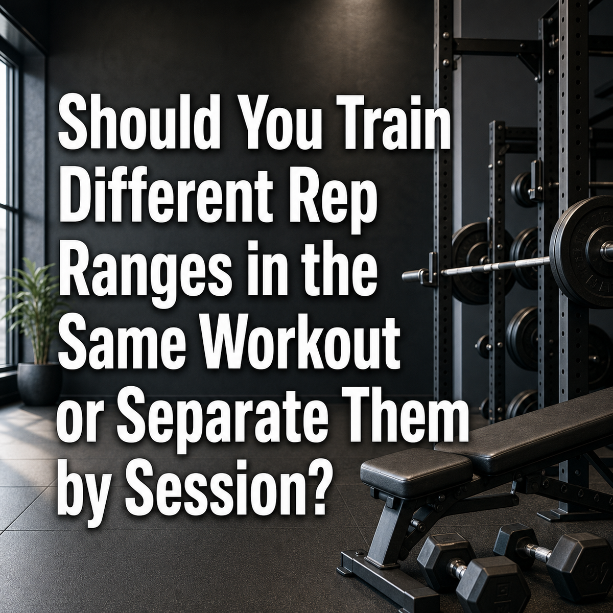 Gym equipment with text: 'Should You Train Different Rep Ranges in the Same Workout or Separate Them?