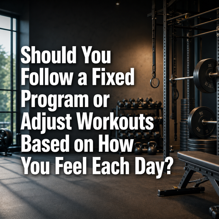 Modern gym with equipment, asking "Should You Follow a Fixed Program or Adjust Workouts Based on How You Feel Each Day?